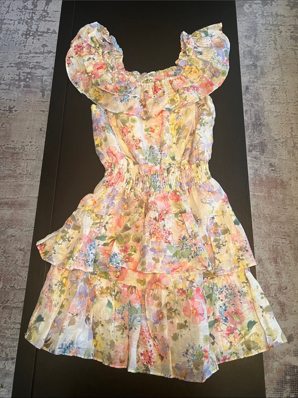 Lavender Brown Pastel Floral Ruffle Tiered Dress